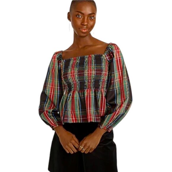 J. CREW Puff Sleeve Smocked Plaid Tartan Holiday Top Square Neck - XL - Picture 1 of 9